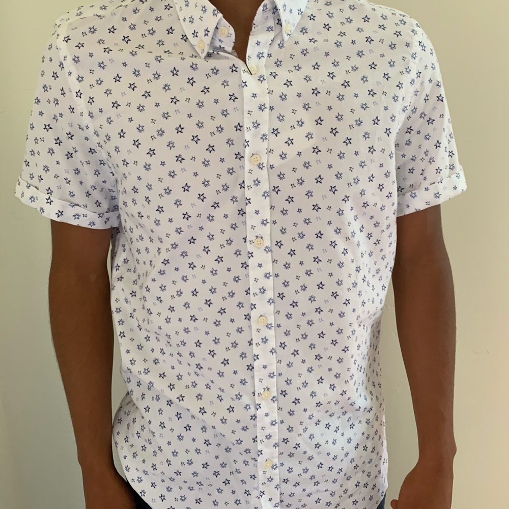 Button up, white with blue stars shirt